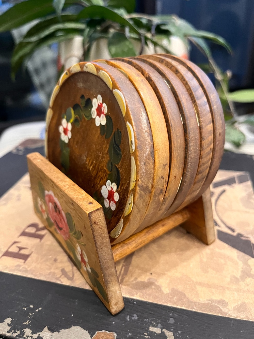 Vintage Hand-Painted Wooden Coaster Set with Floral Folk Art Design